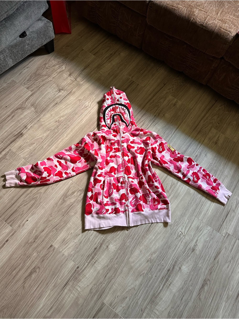 Bape Pink & Red Shark Zip Hoodie